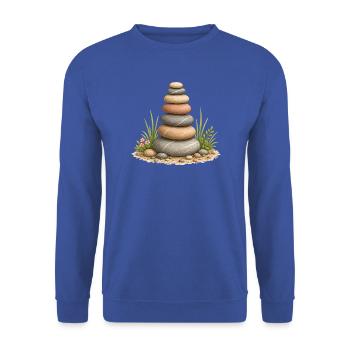 Zen Steinturm Balance Garten Ruhe Motiv - Unisex Pullover - Royalblau - Vorne - Alina (178cm) & Michal (187cm)