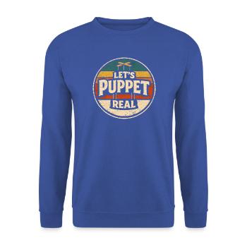 Puppenehrlich | Puppenspiel Retro Humor - Unisex Pullover - Royalblau - Vorne - Alina (178cm) & Michal (187cm)