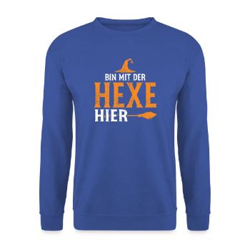 Bin mit der Hexe Hier Halloween Flair - Unisex Pullover - Royalblau - Vorne - Alina (178cm) & Michal (187cm)
