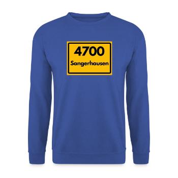 ALTE POSTLEITZAHL PLZ 4700 SANGERHAUSEN HEIMAT - Unisex Pullover - Royalblau - Vorne - Alina (178cm) & Michal (187cm)