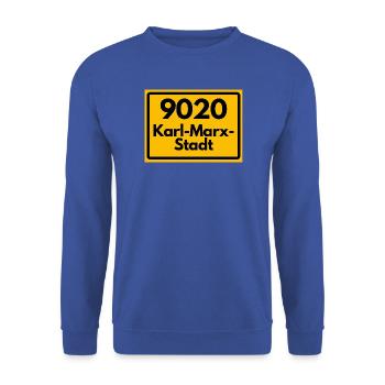 9020 PLZ SACHSEN KARL MARX STADT ALTE POSTLEITZAHL - Unisex Pullover - Royalblau - Vorne - Alina (178cm) & Michal (187cm)