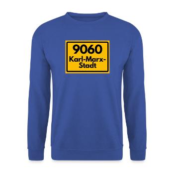 9060 PLZ SACHSEN KARL-MARX-STADT ALTE PLZ  - Unisex Pullover - Royalblau - Vorne - Alina (178cm) & Michal (187cm)