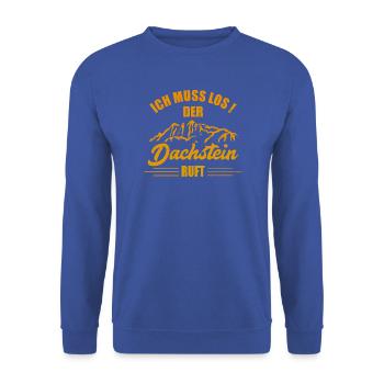 Ich muss  los der Dachstein ruft Goldgelb - Unisex Pullover - Royalblau - Vorne - Alina (178cm) & Michal (187cm)