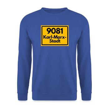 9081 ALTE POSTLEITZAHL PLZ 09130 CHEMNITZ SACHSEN - Unisex Pullover - Royalblau - Vorne - Alina (178cm) & Michal (187cm)