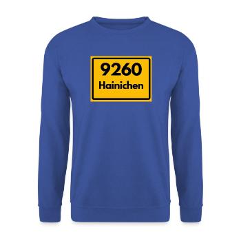 9260 HAINICHEN SACHSEN RETRO ALTE POSTLEITZAHL PLZ - Unisex Pullover - Royalblau - Vorne - Alina (178cm) & Michal (187cm)