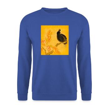 Schwarzer Singvogel auf gelben Blüten - Unisex Pullover - Royalblau - Vorne - Alina (178cm) & Michal (187cm)