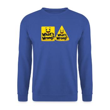 Was ist los? Gelbblock-Design - Unisex Pullover - Royalblau - Vorne - Alina (178cm) & Michal (187cm)