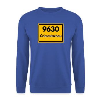 ALTE POSTLEITZAHL 9630 PLZ 08451 CRIMMITSCHAU SN - Unisex Pullover - Royalblau - Vorne - Alina (178cm) & Michal (187cm)