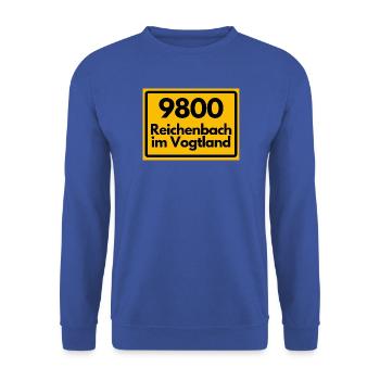 ALTE POSTLEITZAHL 9800 PLZ REICHENBACH IM VOGTLAND - Unisex Pullover - Royalblau - Vorne - Alina (178cm) & Michal (187cm)
