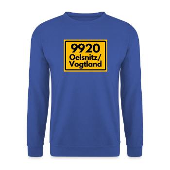 ALTE POSTLEITZAHL 9920 PLZ 08606 OELSNITZ VOGTLAND - Unisex Pullover - Royalblau - Vorne - Alina (178cm) & Michal (187cm)