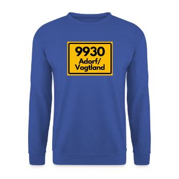 ALTE POSTLEITZAHL 9930 PLZ 08626 ADORF VOGTLAND SN - Unisex Pullover - Royalblau - Vorne - Alina (178cm) & Michal (187cm)