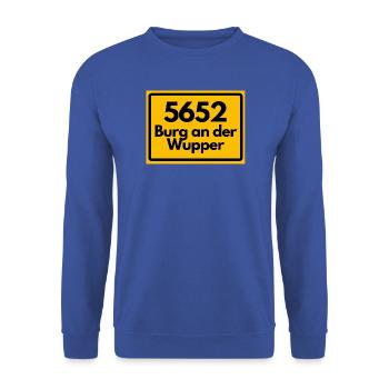 ALTE POSTLEITZAHL 5652 PLZ 42659 BURG AN D. WUPPER - Unisex Pullover - Royalblau - Vorne - Alina (178cm) & Michal (187cm)