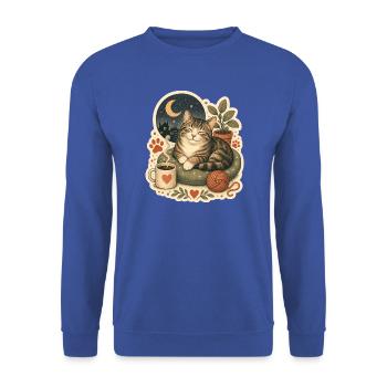 Gemütliche Katze Kaffee Garn - Unisex Pullover - Royalblau - Vorne - Alina (178cm) & Michal (187cm)