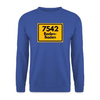 ALTE POSTLEITZAHL 7542 PLZ 76530 BADEN BADEN BADEN - Unisex Pullover - Royalblau - Vorne - Alina (178cm) & Michal (187cm)