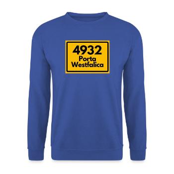 ALTE POSTLEITZAHL 4932 PLZ 32457 PORTA WESTFALICA  - Unisex Pullover - Royalblau - Vorne - Alina (178cm) & Michal (187cm)