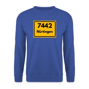 ALTE POSTLEITZAHL 7442 PLZ 72622 NÜRTINGEN BAWÜ - Unisex Pullover - Royalblau - Vorne - Alina (178cm) & Michal (187cm)