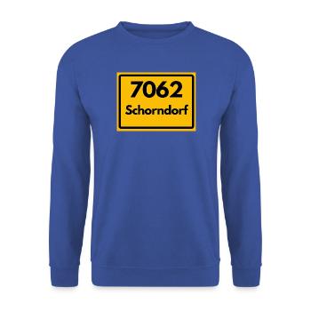ALTE POSTLEITZAHL 7062 PLZ 73614 SCHORNDORF BAWÜ - Unisex Pullover - Royalblau - Vorne - Alina (178cm) & Michal (187cm)