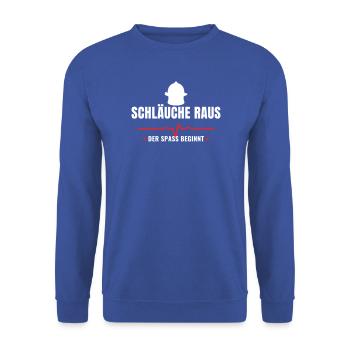 Feuerwehr Schläuche raus der Spaß beginnt Spruch - Unisex Pullover - Royalblau - Vorne - Alina (178cm) & Michal (187cm)