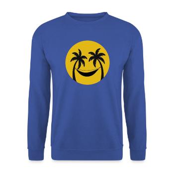 Palmen Hängematte Minimalistisches Urlaubsmotiv - Unisex Pullover - Royalblau - Vorne - Alina (178cm) & Michal (187cm)