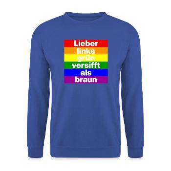 ICH BIN GERNE LINKS GRÜN VERSIFFT, NO NZS, FRIEDEN - Unisex Pullover - Royalblau - Vorne - Alina (178cm) & Michal (187cm)