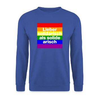 LIEBER SOLIDARISCH ALS SOLIDE ARISH, NO NZS - Unisex Pullover - Royalblau - Vorne - Alina (178cm) & Michal (187cm)