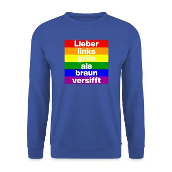 ICH BIN GERNE LINKS GRÜN VERSIFFT, NO NZS, FRIEDEN - Unisex Pullover - Royalblau - Vorne - Alina (178cm) & Michal (187cm)