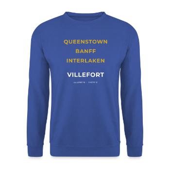 Villefort Lozère – Queenstown – Banff – Interlaken - Unisex Pullover - Royalblau - Vorne - Alina (178cm) & Michal (187cm)
