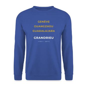 Grandrieu Lozère – Genf – Guangzhou – Guadalajara - Unisex Pullover - Royalblau - Vorne - Alina (178cm) & Michal (187cm)