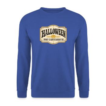 Vintage-Halloween-Shop-Schild – Retro-Spooky-Saison - Unisex Pullover - Royalblau - Vorne - Alina (178cm) & Michal (187cm)