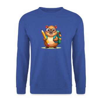 Comic-Biber mit Brille & Schulranzen – Schule - Unisex Pullover - Royalblau - Vorne - Alina (178cm) & Michal (187cm)