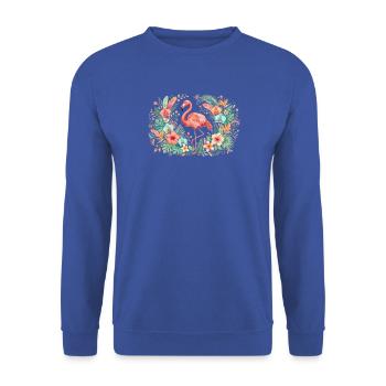 Flamingo im tropischen Blumenkranz - Unisex Pullover - Royalblau - Vorne - Alina (178cm) & Michal (187cm)