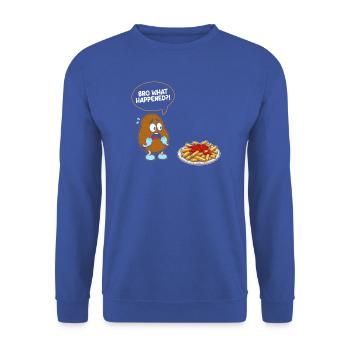 Bro what happened?! Fritten Pommes French fries - Unisex Pullover - Royalblau - Vorne - Alina (178cm) & Michal (187cm)