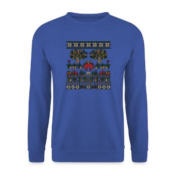 Weihnachts Olivenbauer Strickdesign - Unisex Pullover - Royalblau - Vorne - Alina (178cm) & Michal (187cm)
