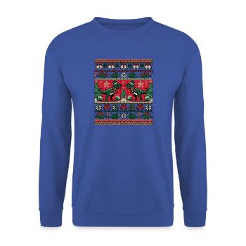 Weihnachts Dinosaurier Strickdesign - Unisex Pullover - Royalblau - Vorne - Alina (178cm) & Michal (187cm)