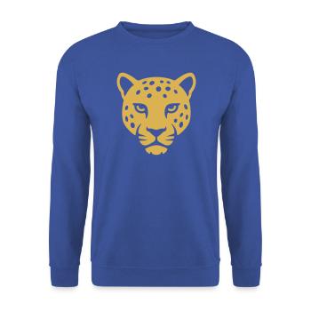 Diskreter minimalistischer Leopard in Gold - Unisex Pullover - Royalblau - Vorne - Alina (178cm) & Michal (187cm)