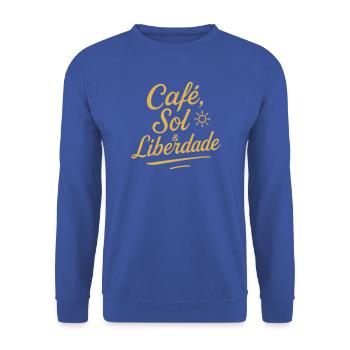 Café, Sol & Liberdade – Vintage-Tippfehler - Unisex Pullover - Royalblau - Vorne - Alina (178cm) & Michal (187cm)