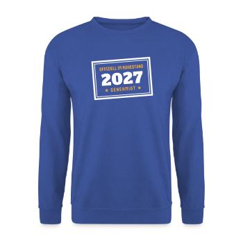 Offiziell im Ruhestand 2027 Rentner Rente Stempel - Unisex Pullover - Royalblau - Vorne - Alina (178cm) & Michal (187cm)