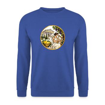 Göttin mit Lyra vor antikem Tempel - Unisex Pullover - Royalblau - Vorne - Alina (178cm) & Michal (187cm)