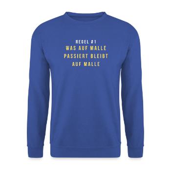 Regel 1: Was auf Malle passiert bleibt - Unisex Pullover - Royalblau - Vorne - Alina (178cm) & Michal (187cm)
