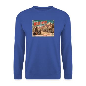 Grüße von der Wildwest-Retro-Postkarte - Unisex Pullover - Royalblau - Vorne - Alina (178cm) & Michal (187cm)