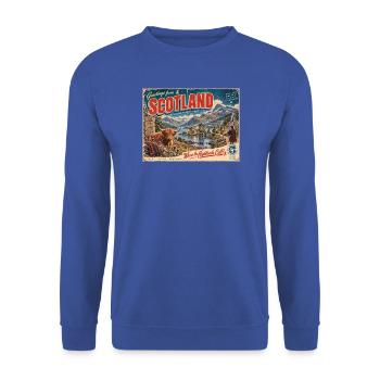 Grüße aus Schottland Retro-Postkarte - Unisex Pullover - Royalblau - Vorne - Alina (178cm) & Michal (187cm)