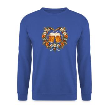 Bierkrüge im Blumenherz – Prost Volksfest - Unisex Pullover - Royalblau - Vorne - Alina (178cm) & Michal (187cm)