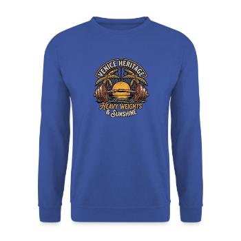 1970s Muscle Beach Emblem - Unisex Pullover - Royalblau - Vorne - Alina (178cm) & Michal (187cm)