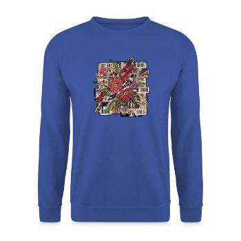 Sticker Collage Dschungelblüte - Unisex Pullover - Royalblau - Vorne - Alina (178cm) & Michal (187cm)