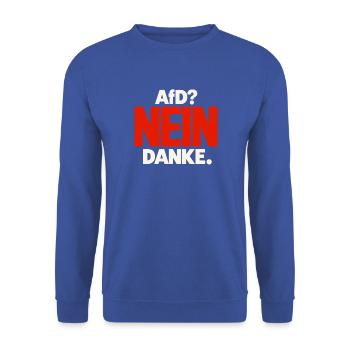 AfD? Nein danke – Statement in Rot und Weiß - Unisex Pullover - Royalblau - Vorne - Alina (178cm) & Michal (187cm)