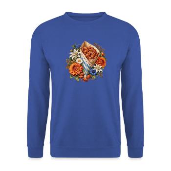 Gebrannte Mandeln mit Edelweiß & Blumen - Unisex Pullover - Royalblau - Vorne - Alina (178cm) & Michal (187cm)