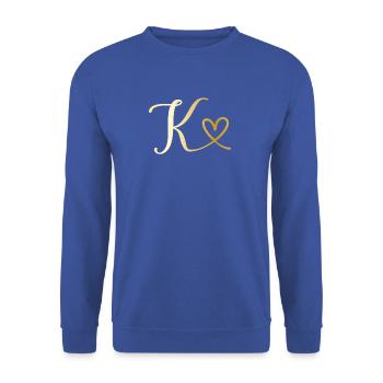 K goldenes Monogramm Buchstabe K mit Herz - Unisex Pullover - Royalblau - Vorne - Alina (178cm) & Michal (187cm)