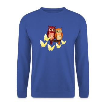 Süßes Eulen Pärchen mit Schmetterlingen - Unisex Pullover - Royalblau - Vorne - Alina (178cm) & Michal (187cm)