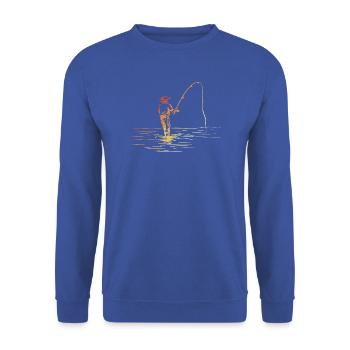 Fischer Zeichnung Retro Stil - Unisex Pullover - Royalblau - Vorne - Alina (178cm) & Michal (187cm)