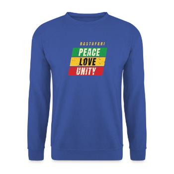 Rastafari Peace Love Unity – Rot Gold Grün - Unisex Pullover - Royalblau - Vorne - Alina (178cm) & Michal (187cm)